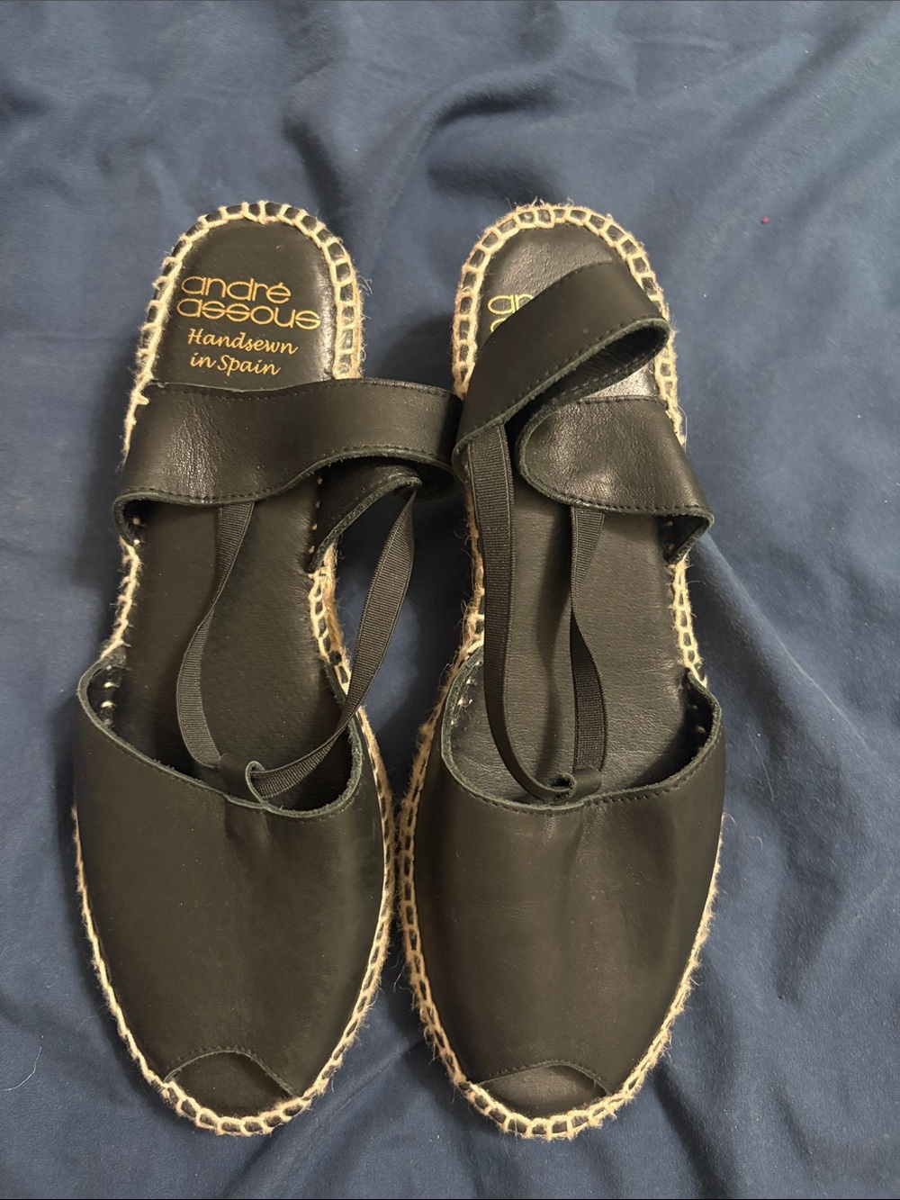 Andre Assous Black Leather Espadrille Slides with Rope Trim